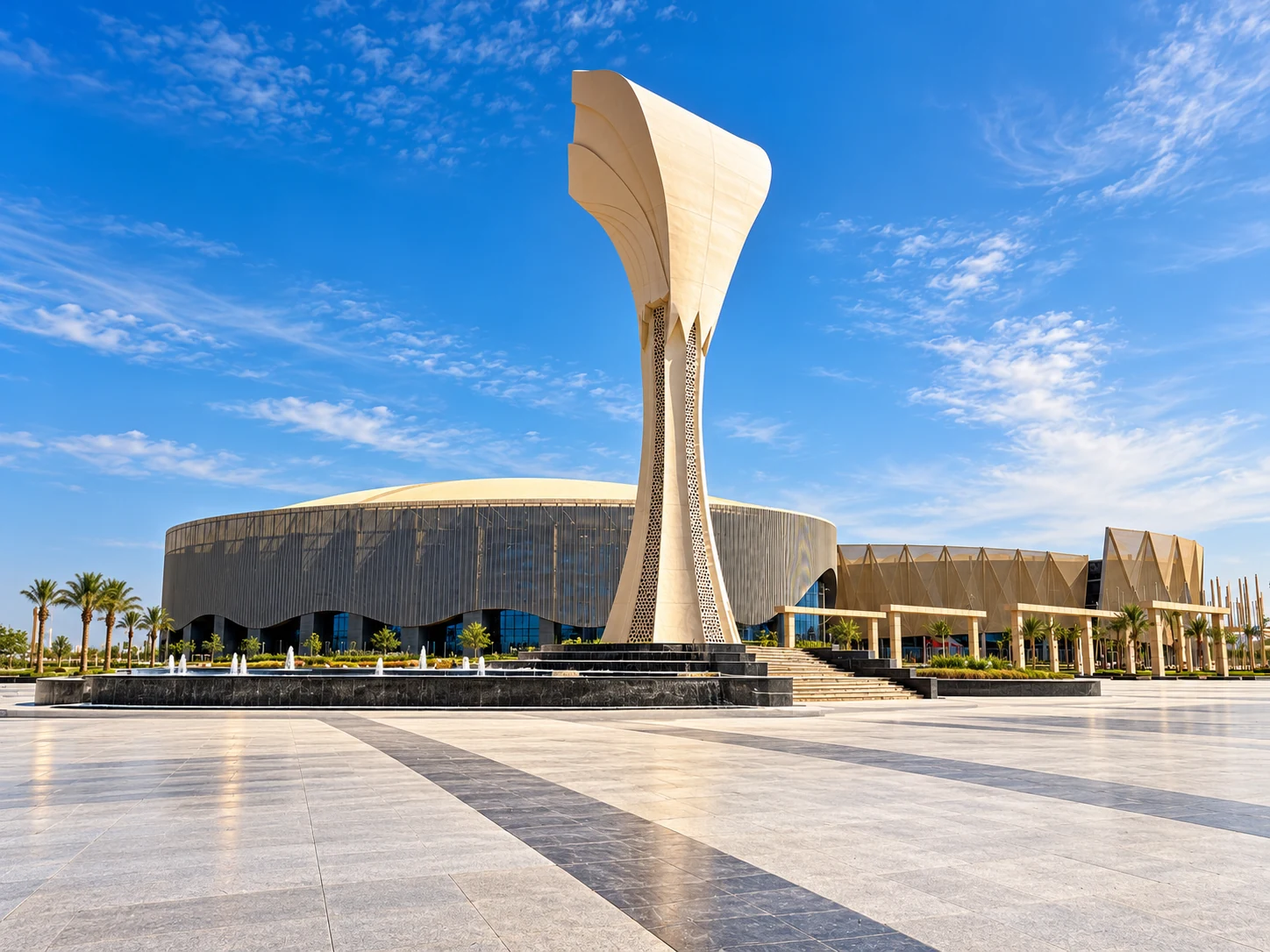 Olympic Torch and surrounding plaza beneath a blue sky