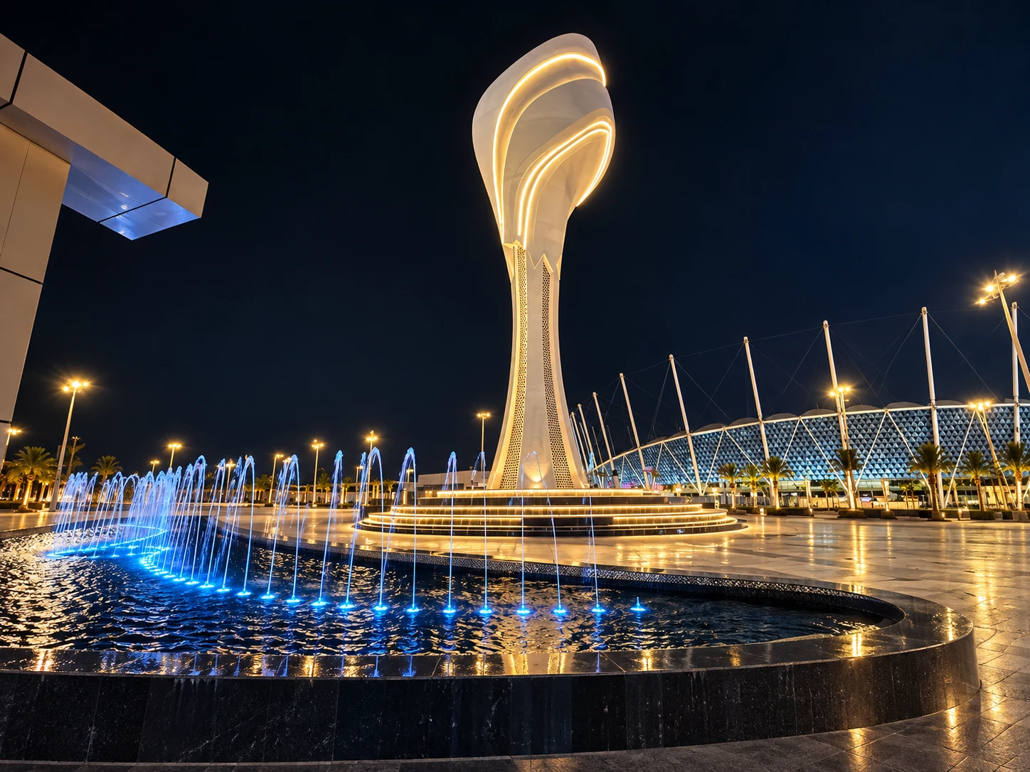 Olympic Torch landmark illuminated at night